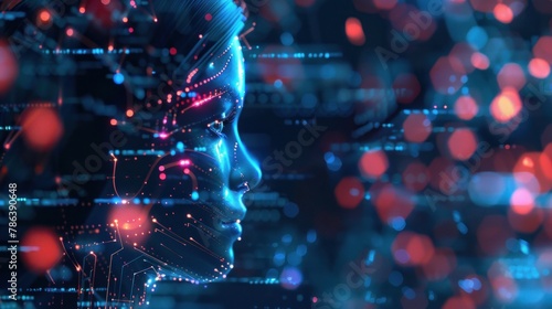 Futuristic visualization of digital human face representing artificial intelligence, neon networks and machine learning. Innovative technology and advanced computing.