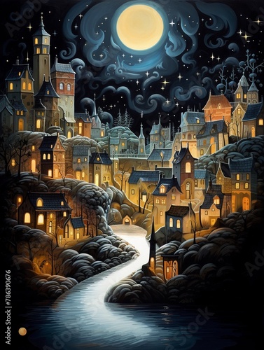 Folkloric town springs to life in the nocturne, moon overseeing , illustration