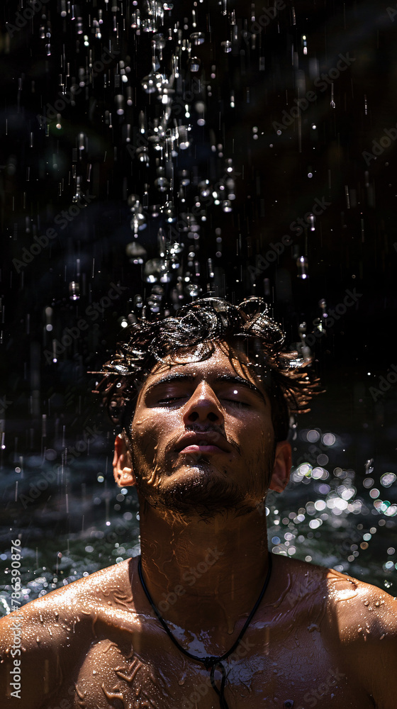 Fototapeta premium Meditative Pose Under Cascading Waterfall, The image features an individual in a meditative pose, enveloped by the powerful yet serene rush of a waterfall. 