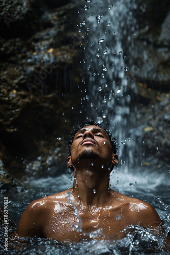 Meditative Pose Under Cascading Waterfall  The image features an individual in a meditative pose  enveloped by the powerful yet serene rush of a waterfall. 