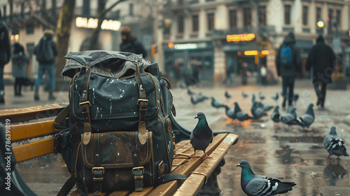 A school bag placed on a bench in a bustling city square, surrounded by pigeons. photo