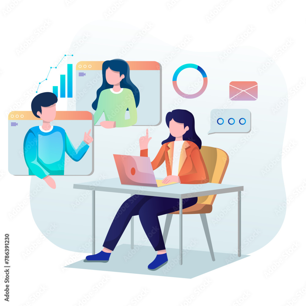 Illustration vector for people meet online in business projects or team work, work from home. Team discussing ideas with video call. 