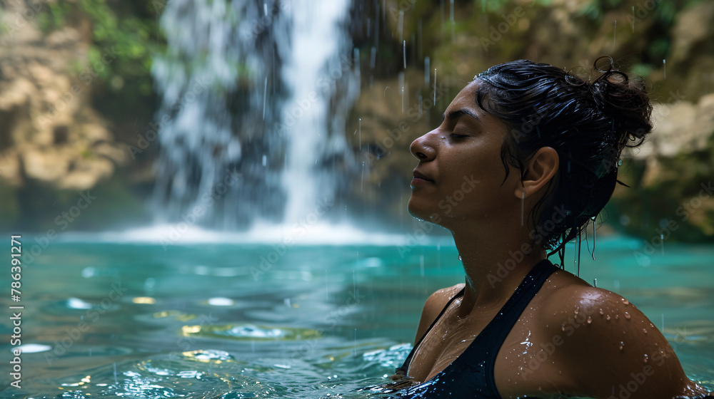 Meditative Pose Under Cascading Waterfall, The image features an individual in a meditative pose, enveloped by the powerful yet serene rush of a waterfall. 