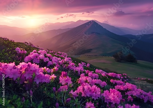 beautiful colorful rhododendron flower field on the mountain hill at sunset © Noor