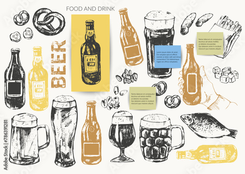 Vector beer illustration set. Beer bottles, glass, mug, snacks, hand holding beer bottle.