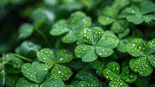 Close-up of shimmering dew on shamrock leaves for spring's luck