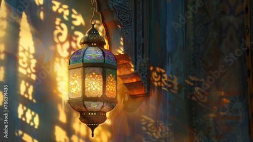 Detailed Arabic lantern with play of light and shadow on ornate surface