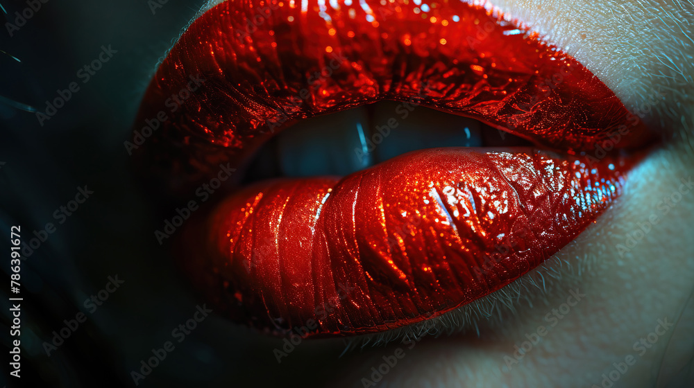 Close-Up of Red Color Lipstick On Beautiful Women Red Wet Lips Background Blur Close-Up of Red Color Lipstick On Beautiful Women Red Wet Lips Background Blur