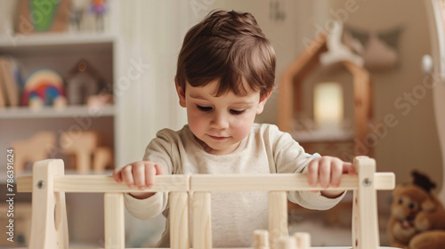 Little boy playing with wooden entry gate at white tab