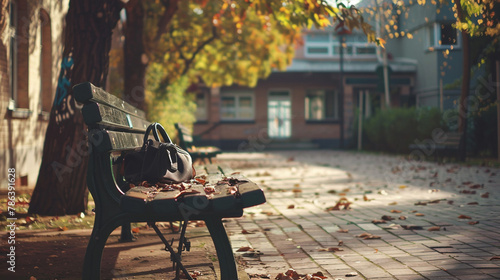 A school bag placed on a bench in a deserted school courtyard during a peaceful afternoon. photo