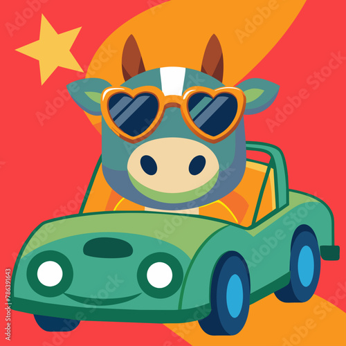 colorful buffalo vector,buffalo, cow, animal, cartoon, vector, cute, kawai, sunglasses, car