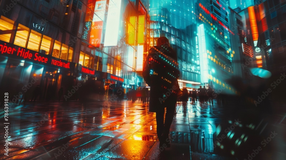 Cyber Cityscape with Pedestrian Silhouette
A neon-drenched city street at night.