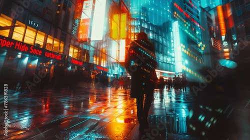 Cyber Cityscape with Pedestrian Silhouette A neon-drenched city street at night.