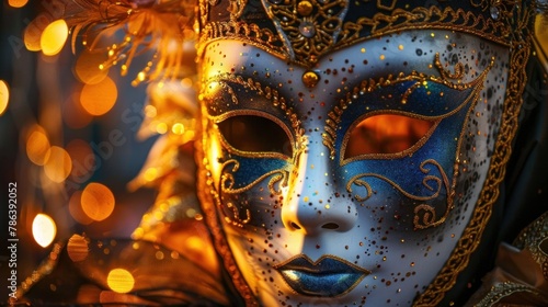 Carnival mask showcased against theatrical background.