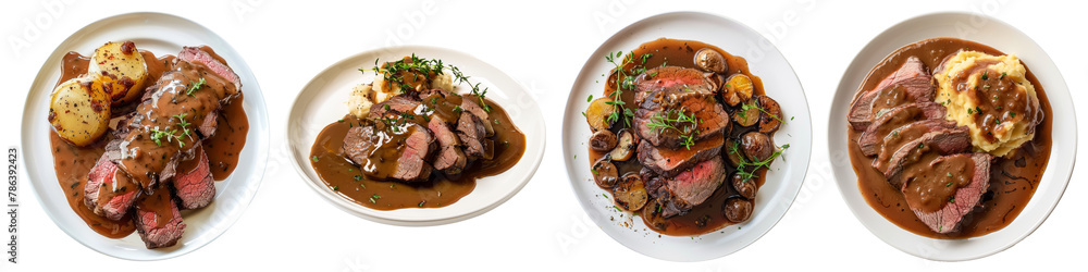 Collection of roast beef with potato and sauce on plate cutout png isolated on white or transparent background
