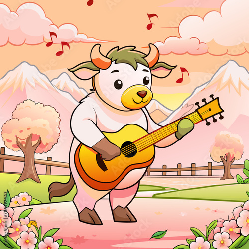 colorful buffalo vector,buffalo, cow, animal, cartoon, vector, cute, kawai, guitar