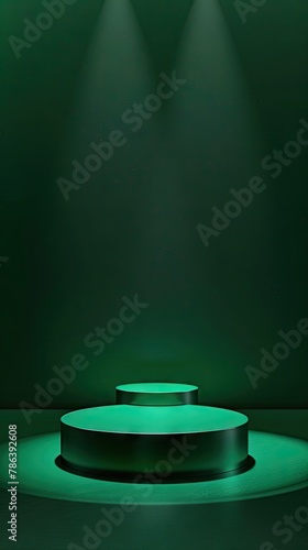 Green neon illuminated podium on a dark background for modern presentations