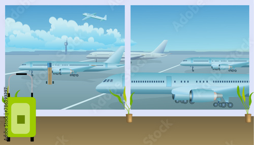 Airport with airplanes seen from inside of waiting hall with a suitcase in the foreground. Vector illustration.