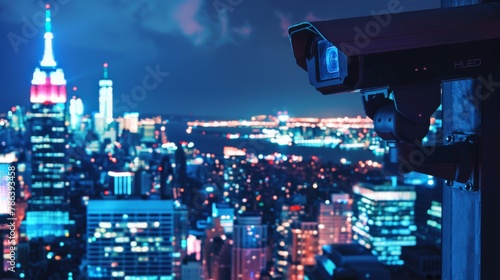 Surveillance Camera Overlooking City Skyline at Night