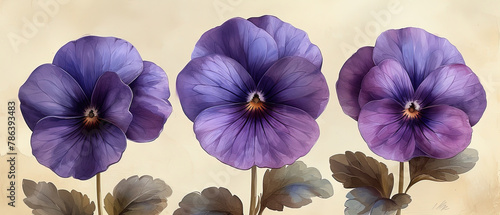 purple flowers with green leaves in a row on a beige background