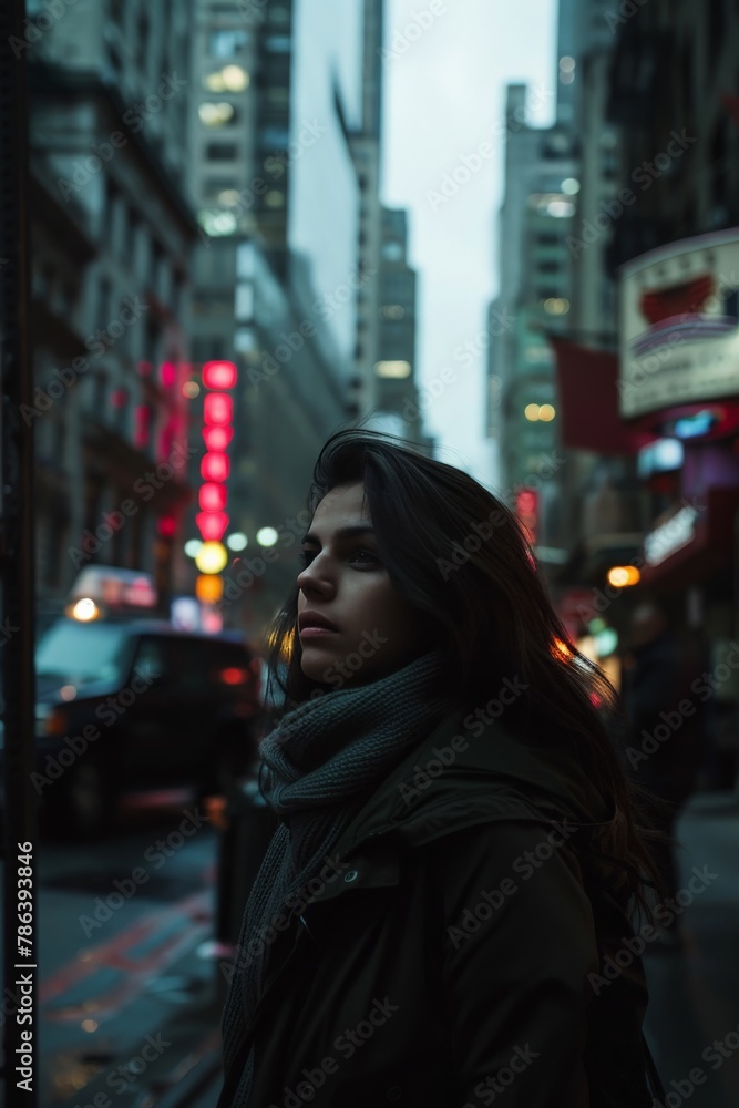 A woman amidst a bustling city street, her face a calm oasis of serenity, embodying peace amidst chaos as she enjoys a moment of solitude. A woman amidst a bustling city street, her face a calm oasis of serenity, embodying peace amidst chaos as she enjoys a moment of solitude.