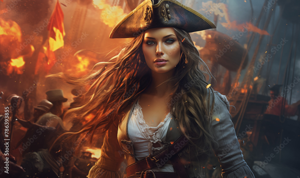 Fototapeta premium Beautiful pirate woman with burning ship in the background, panoramic view, generated ai 