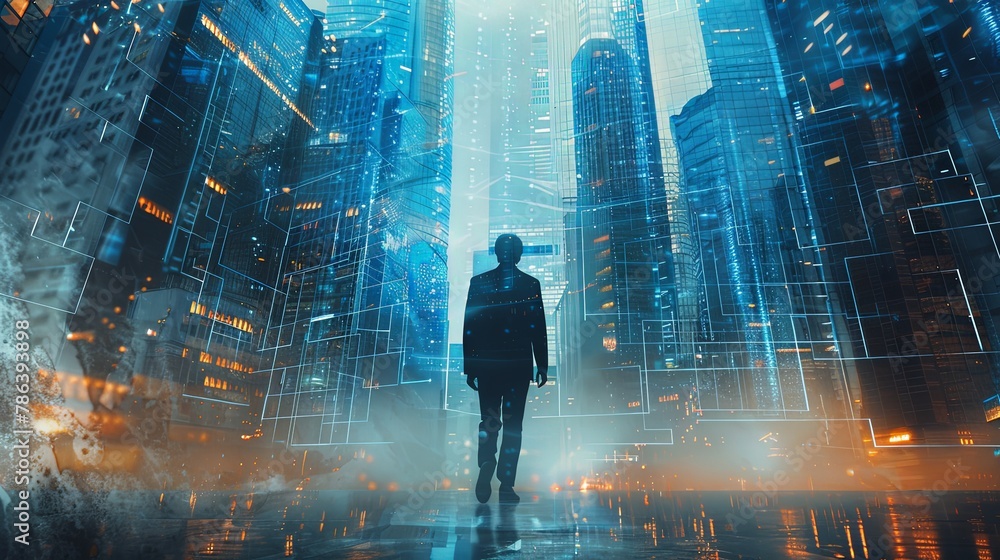 Businessman walking on the street wearing suit at sunset in the city with blurred bokeh background Businessman walking on the street wearing suit at sunset in the city with blurred bokeh background