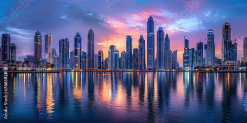 Vibrant Dubai skyline at sunset reflected in the water, United Arab Emirates