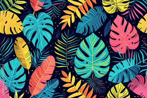 Colorful Tropical Leaves Seamless Pattern on Dark Background for Graphic Design and Print  Exotic Jungle Foliage Texture Illustration
