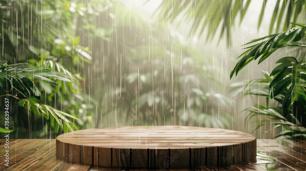Wooden jungle / tropical platform with rain falling - wooden podium on tropical raining background Wooden jungle / tropical platform with rain falling - wooden podium on tropical raining background