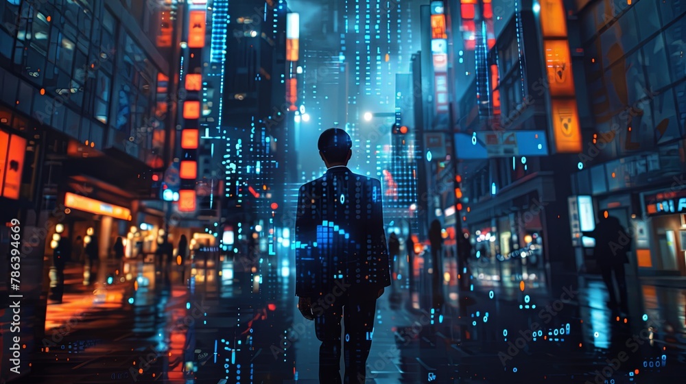 Man wearing suit walking on the city street with bokeh abstract light in the background between skyscrapers - obrazy, fototapety, plakaty 