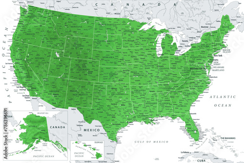 United States - Highly Detailed Vector Map of the USA. Ideally for the Print Posters. Emerald Green Grey Colors. Relief Topographic