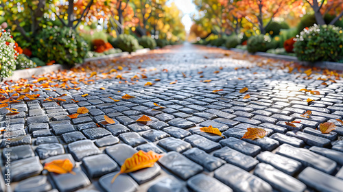 Textured Sidewalk Covered with Autumn Leaves, Perfect for Seasonal Outdoor Design and Urban Landscaping Themes