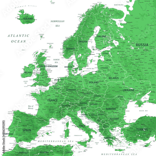 Europe - Highly Detailed Vector Map of the Europe. Ideally for the Print Posters. Emerald Sapphire Green Grey Colors. Relief Topographic