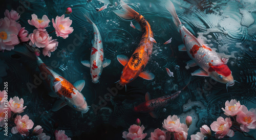 A group of koi fish swimming in the water, surrounded by blooming pink flowers