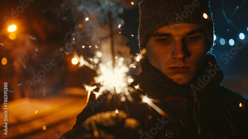 Man holding new years eve fire sparkler