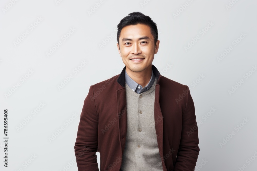 Portrait of a grinning asian man in his 30s wearing a chic cardigan in front of white background Portrait of a grinning asian man in his 30s wearing a chic cardigan in front of white background