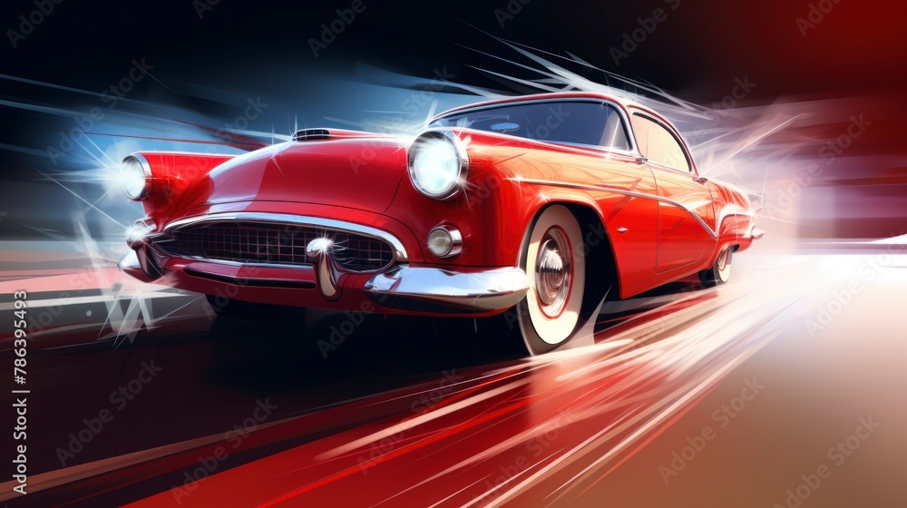 A vibrant red classic car is seen driving down a busy city street. The vehicle stands out against the urban backdrop as it moves steadily forward, capturing attention with its vintage charm.