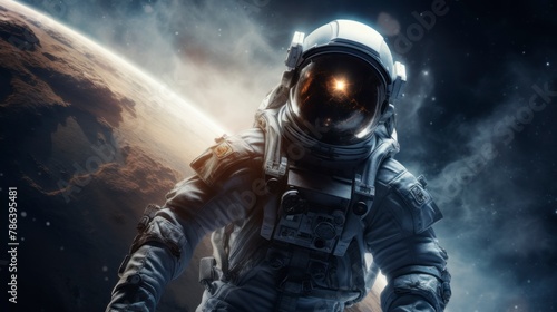 A man in a space suit stands confidently in the foreground as a large, distant planet looms ahead. The astronaut appears ready for exploration in the vastness of space.