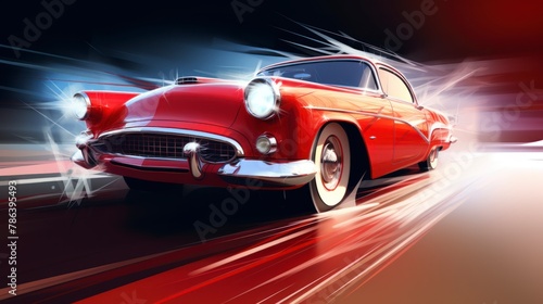A vibrant red classic car is seen driving down a busy city street. The vehicle stands out against the urban backdrop as it moves steadily forward  capturing attention with its vintage charm.
