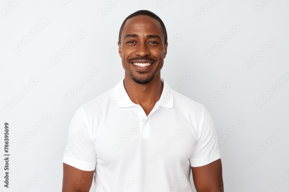 Portrait of a blissful afro-american man in his 30s donning a classy polo shirt in front of white background Portrait of a blissful afro-american man in his 30s donning a classy polo shirt in front of white background