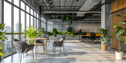 A modern office with furniture, computers, and green plants a large window and a table with chairs and a plant co-working space in modern office with communal seating and natural lighting.