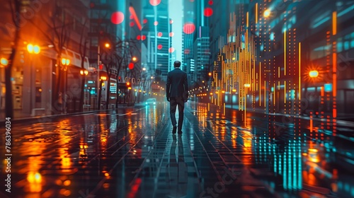 Picture of businessman wearing suit walking on the city street alone with bokeh light overlay