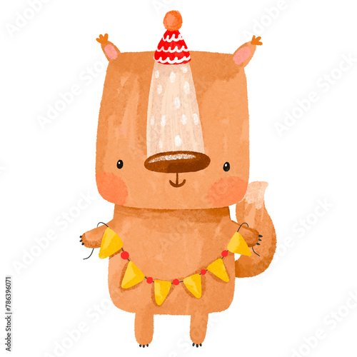 Cute squirrel celebrating birthday with garland. Happy birthday. Child illustration on isolated background