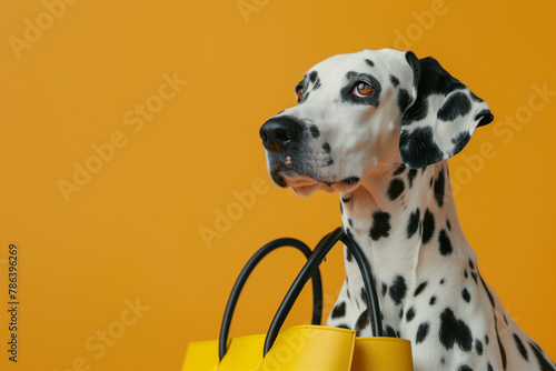 portrait of a Dalmatian with a yellow bag on a yellow background