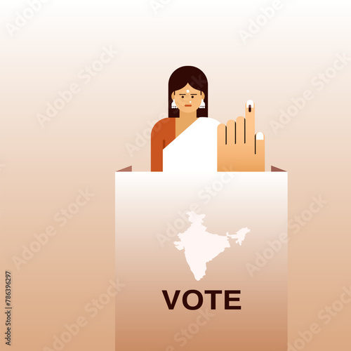 Illustration of an Indian woman showing her hand with electoral stain after casting vote.Concept of election in India