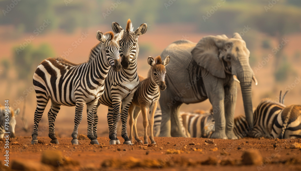 Fototapeta premium A group of zebras and elephants in the African savannah, with red soil under their feet.