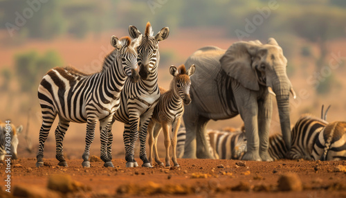 A group of zebras and elephants in the African savannah, with red soil under their feet.