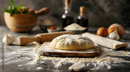 fresh raw dough for pizza or bread baking on wooden cutting board