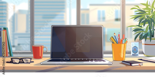 Front view Organized home office with wellness elements stationery coffee cup, laptop near a window and a view of nature.